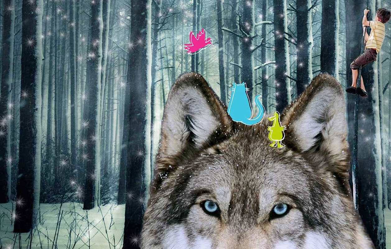 A wolf with animated characters on its head and a boy climbing behind