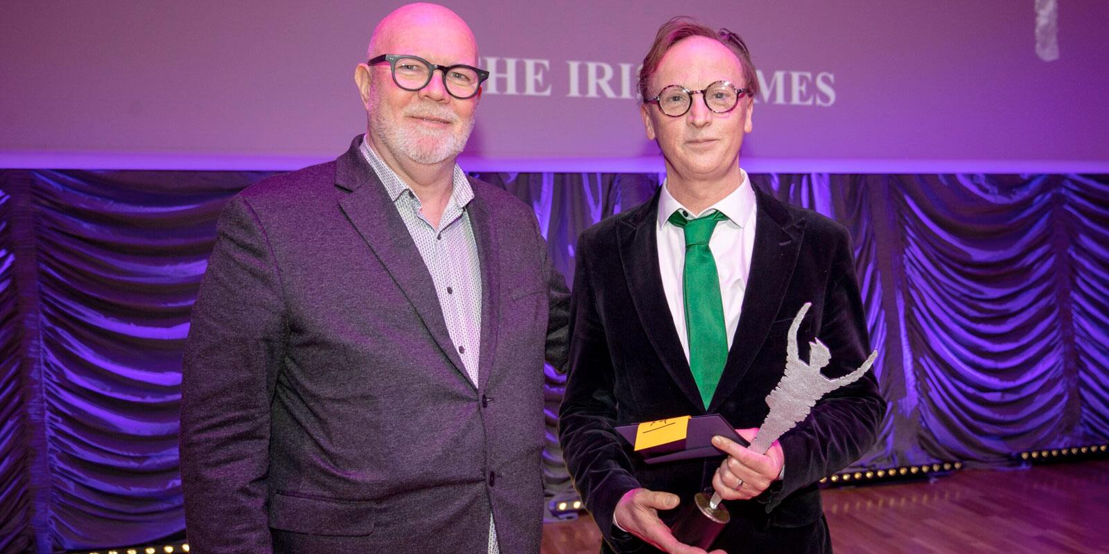 Hugh Linehan & David Bolger with his award at The Irish Times Irish Theatre Awards