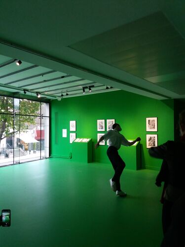 Ben Sullivan in movement in a green gallery space in The Science Gallery