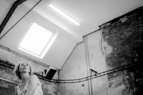 Justine Cooper in black and white in the CoisCéim studio