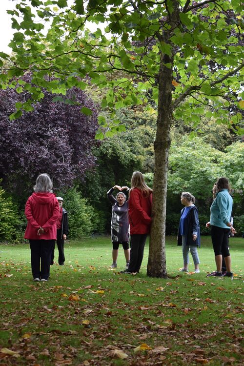 A group of participants standing in a circle by a tree in the park